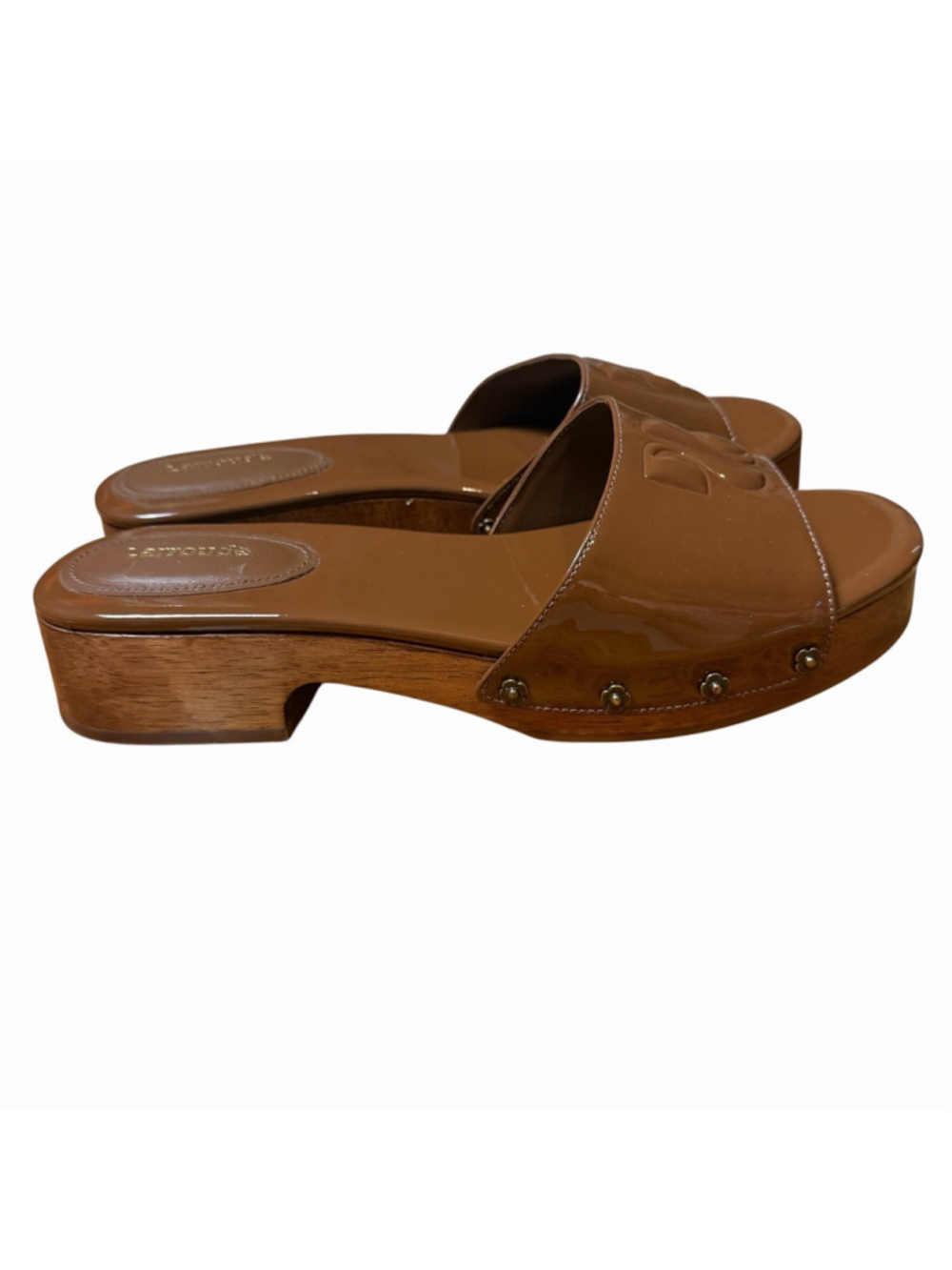 LARROUDE Zuzi Mule Sandals Patent Leather Wood Burnt Umber Size 9 WORN ONCE $315 - Picture 7 of 10